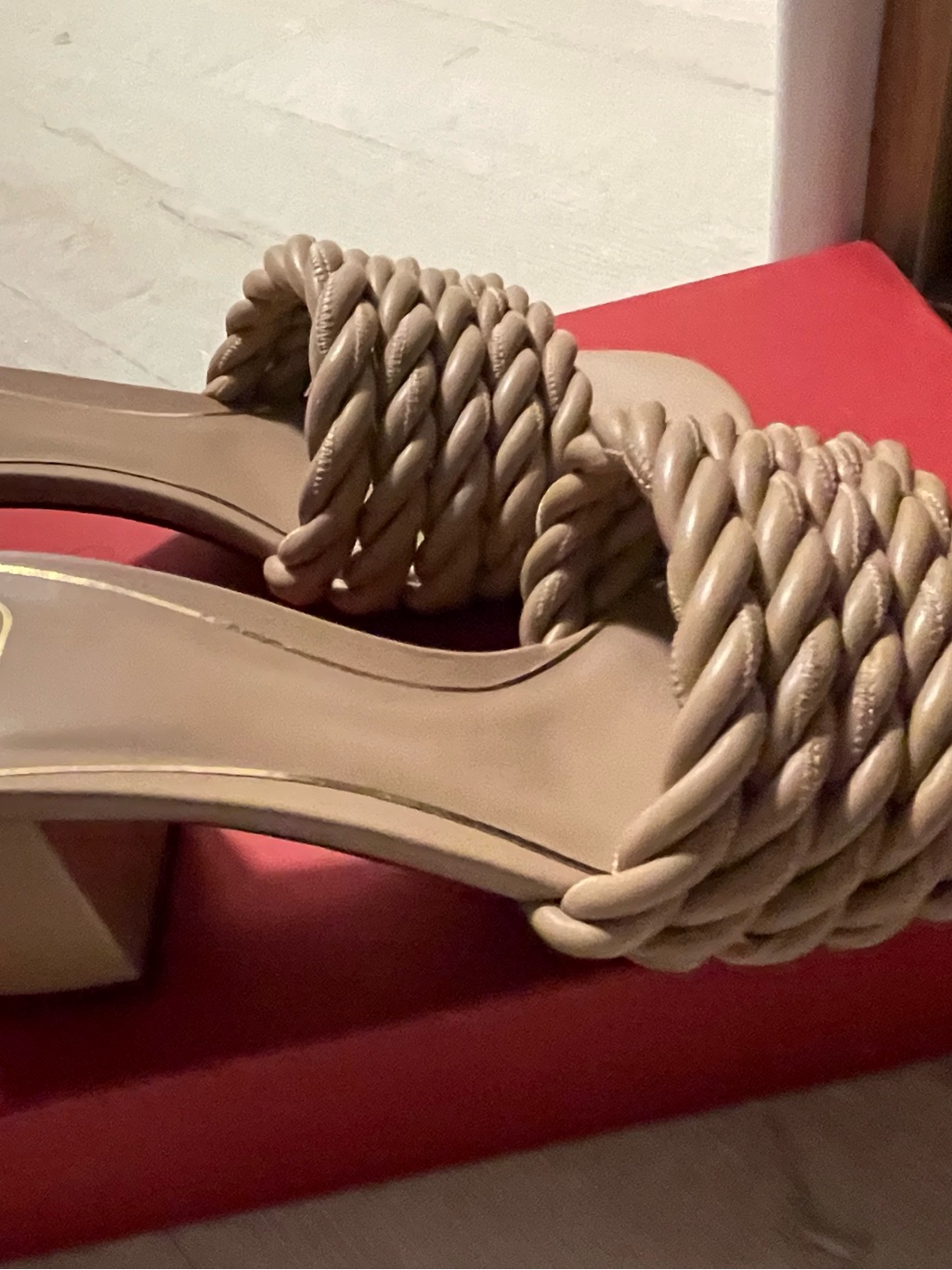 Valentino Garavani Braided Strap Block Heel Sandals Beige Taupe
